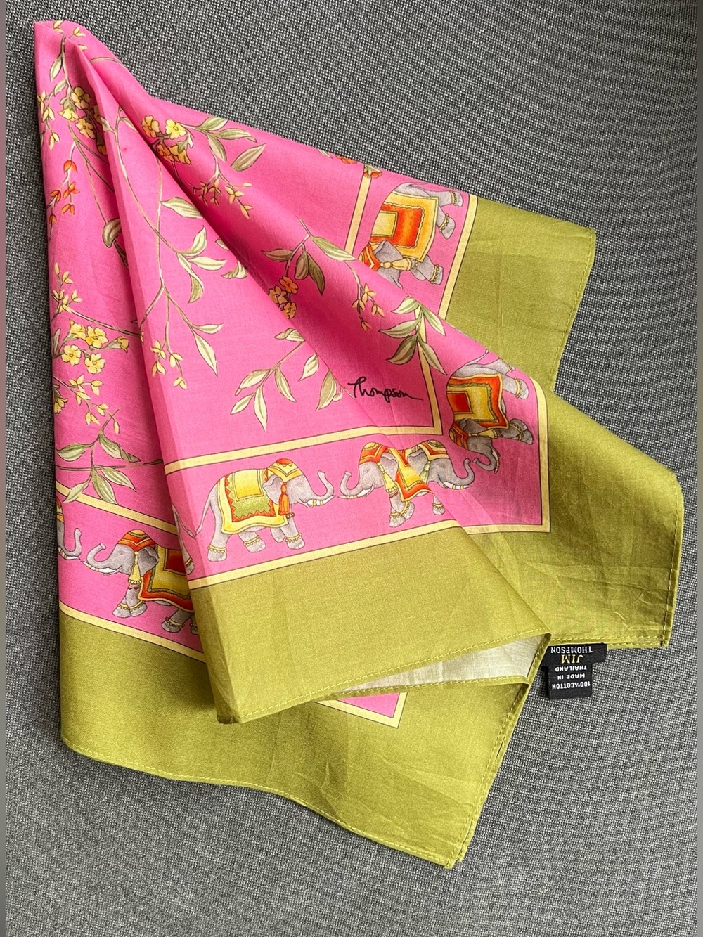 Jim Thompson Hot Pink Floral Cotton Scarf with Elephant Border